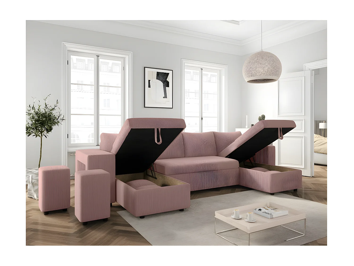 Canapé panoramique Oslo convertible avec 2 coffres, 2 poufs à gauche en velours côtelé rose - L311 x P146 x H81cm - Loungitude