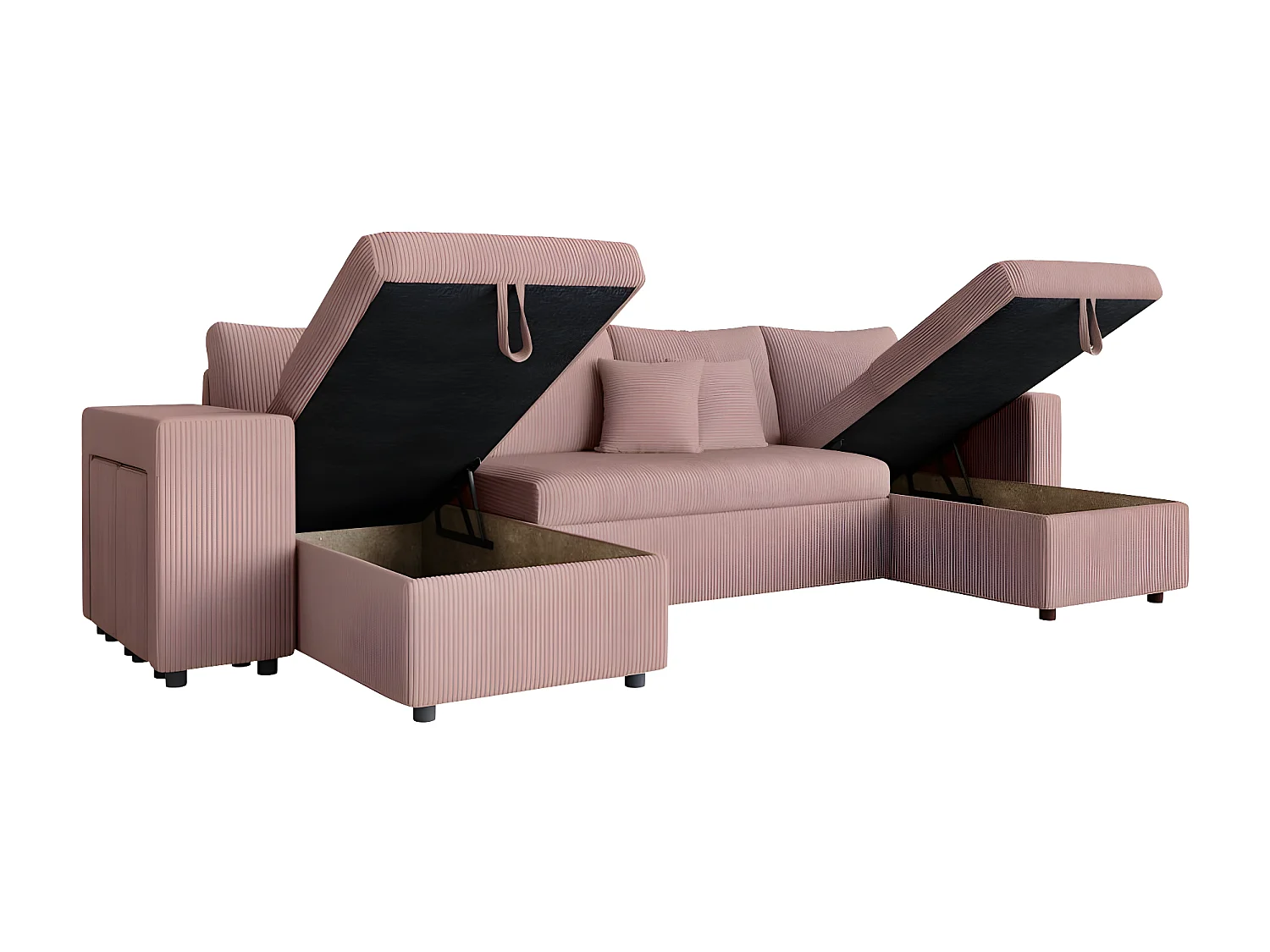 Canapé panoramique Oslo convertible avec 2 coffres, 2 poufs à gauche en velours côtelé rose - L311 x P146 x H81cm - Loungitude