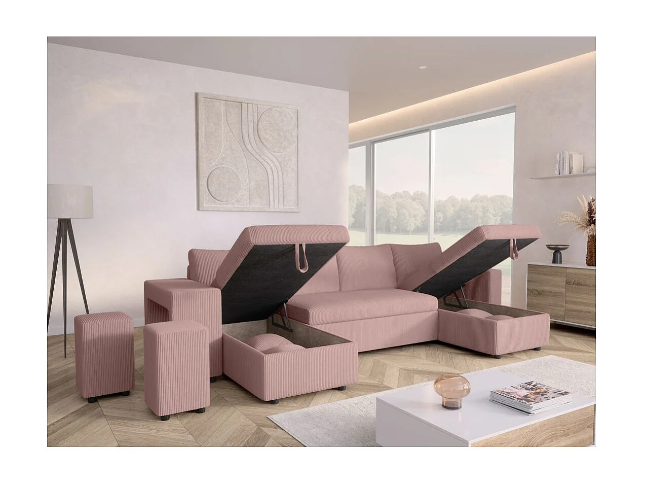 Canapé panoramique Oslo convertible avec 2 coffres, 2 poufs à gauche en velours côtelé rose - L311 x P146 x H81cm - Loungitude