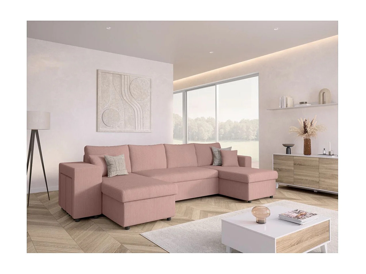 Canapé panoramique Oslo convertible avec 2 coffres, 2 poufs à gauche en velours côtelé rose - L311 x P146 x H81cm - Loungitude