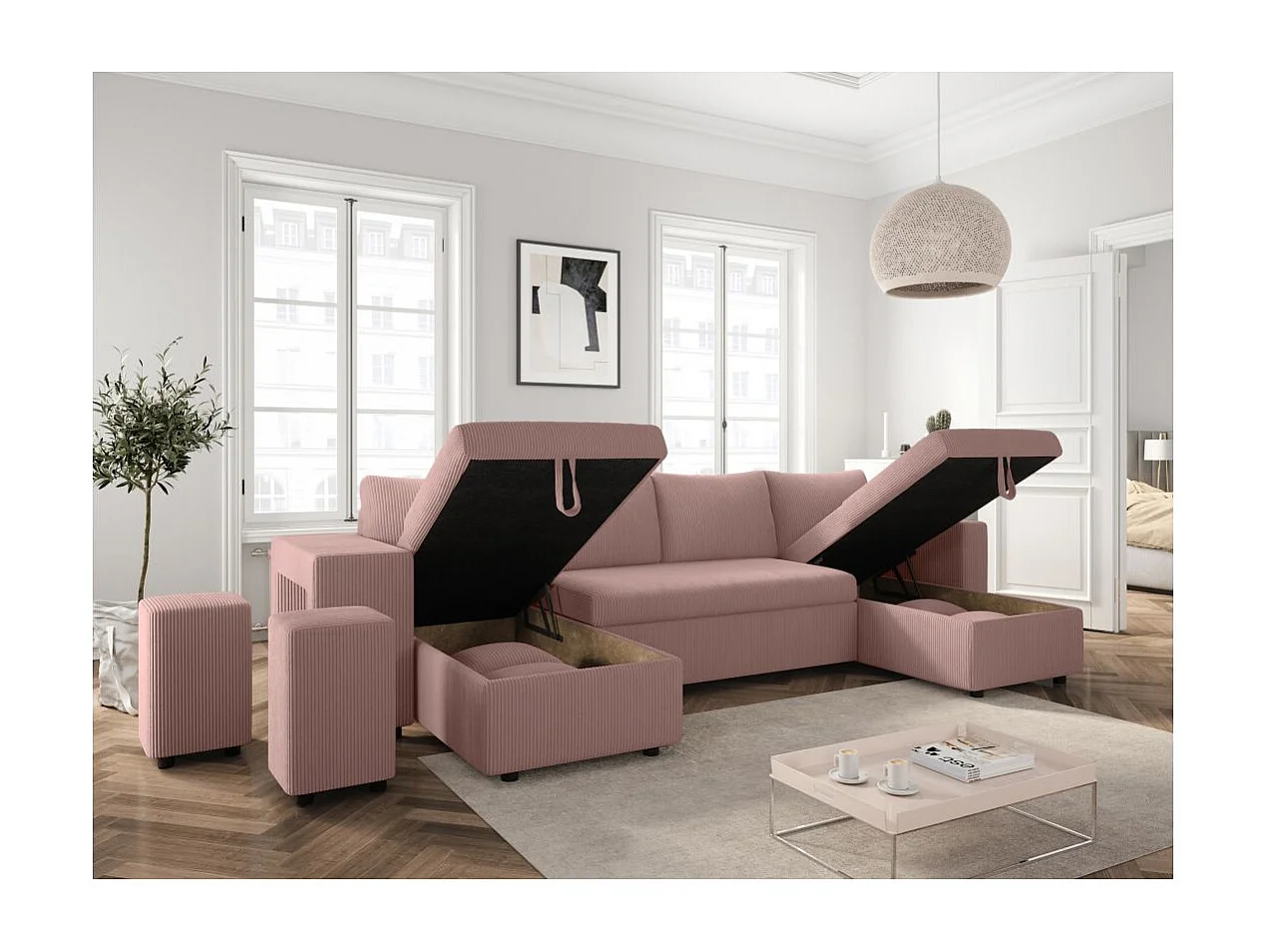 Canapé panoramique Oslo convertible avec 2 coffres, 2 poufs à gauche en velours côtelé rose - L311 x P146 x H81cm - Loungitude