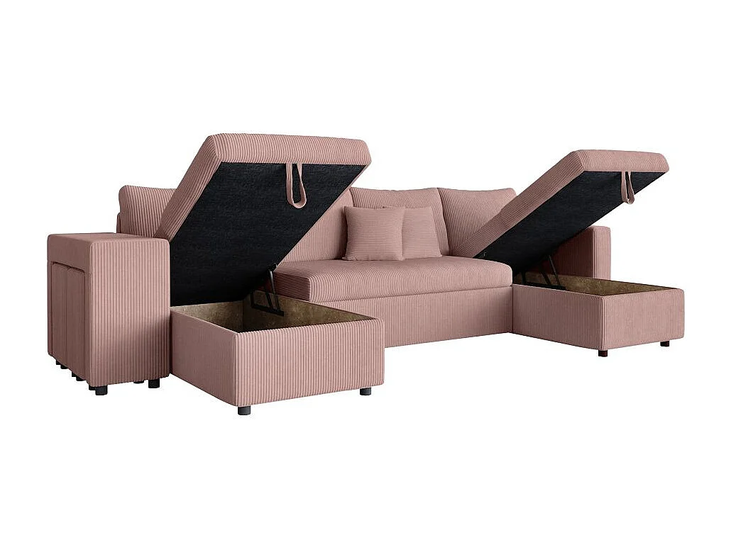Canapé panoramique Oslo convertible avec 2 coffres, 2 poufs à gauche en velours côtelé rose - L311 x P146 x H81cm - Loungitude