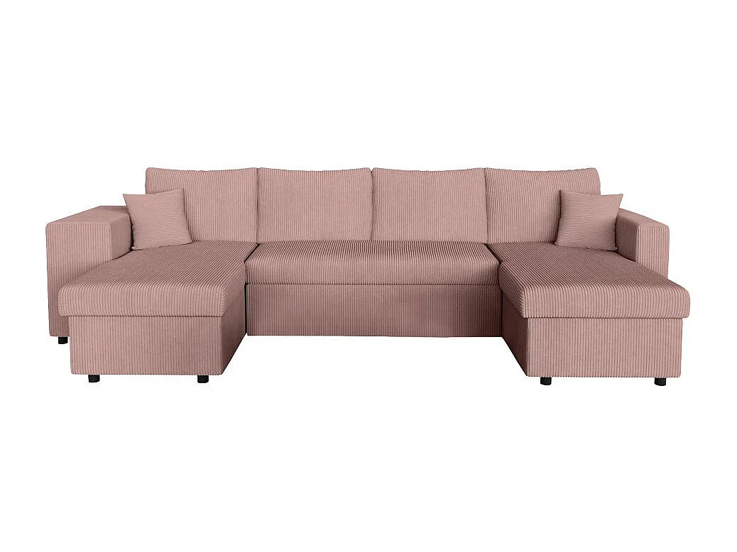 Canapé panoramique Oslo convertible avec 2 coffres, 2 poufs à gauche en velours côtelé rose - L311 x P146 x H81cm - Loungitude