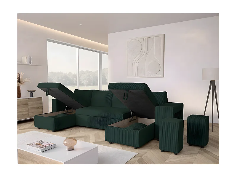 Canapé panoramique Oslo convertible avec 2 coffres, 2 poufs à droite en velours côtelé vert foncé - L311 x P146 x H81cm - Loungitude
