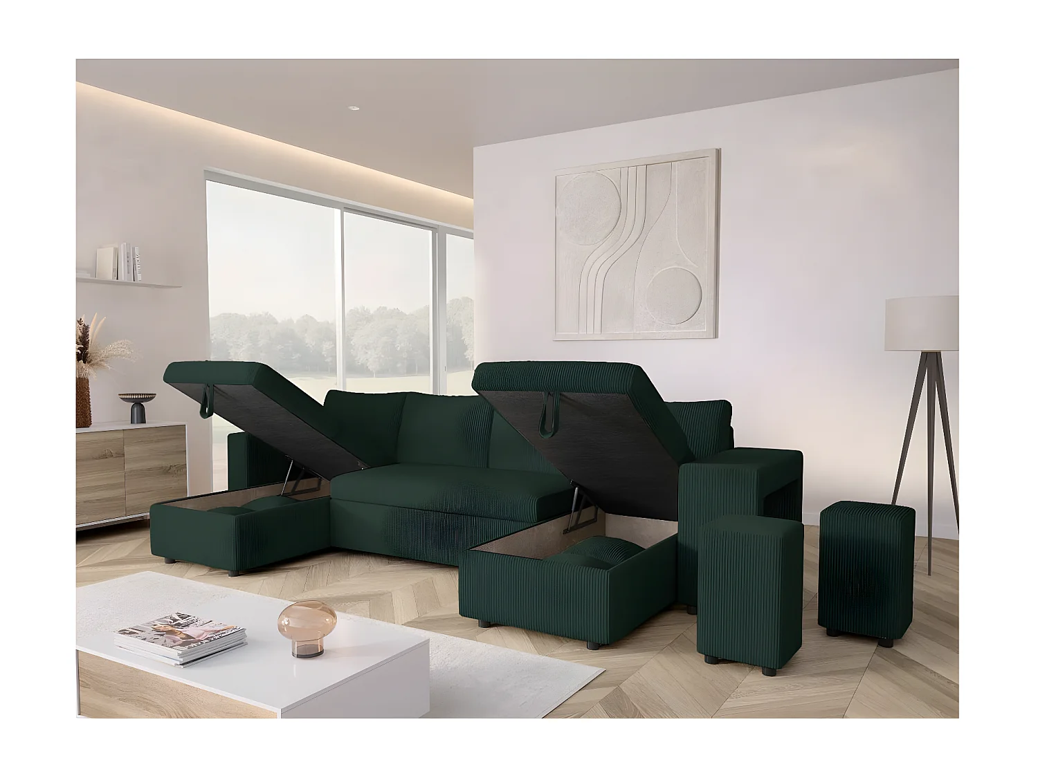 Canapé panoramique Oslo convertible avec 2 coffres, 2 poufs à droite en velours côtelé vert foncé - L311 x P146 x H81cm - Loungitude