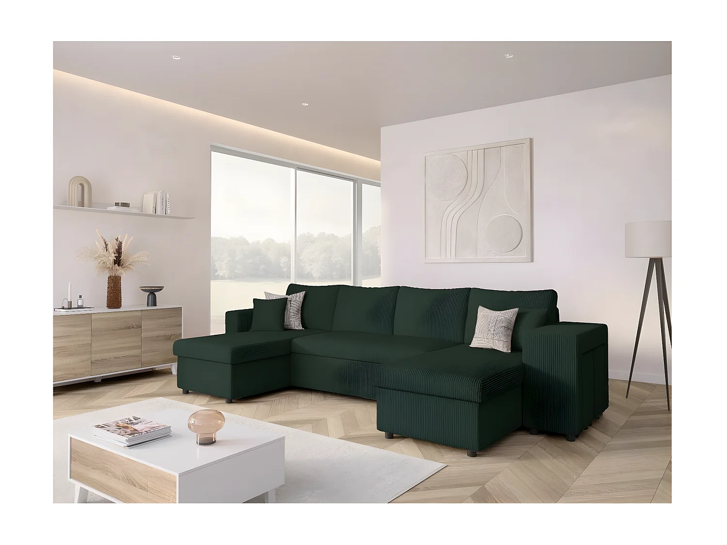 Canapé panoramique Oslo convertible avec 2 coffres, 2 poufs à droite en velours côtelé vert foncé - L311 x P146 x H81cm - Loungitude