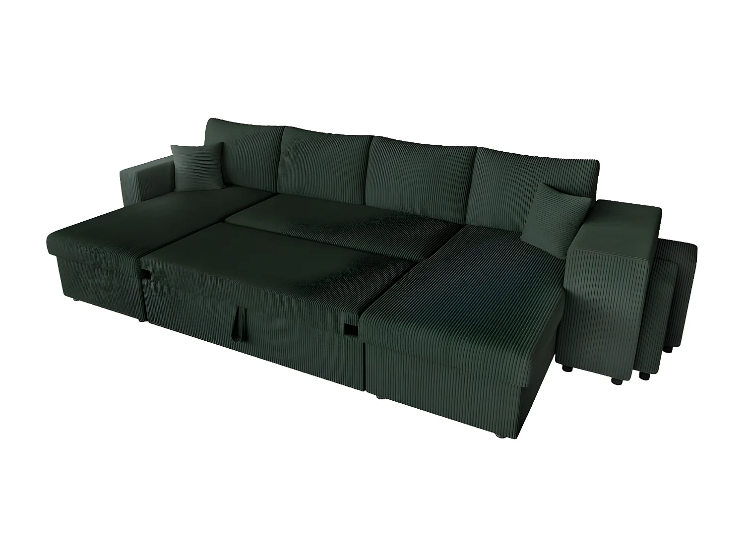 Canapé panoramique Oslo convertible avec 2 coffres, 2 poufs à droite en velours côtelé vert foncé - L311 x P146 x H81cm - Loungitude