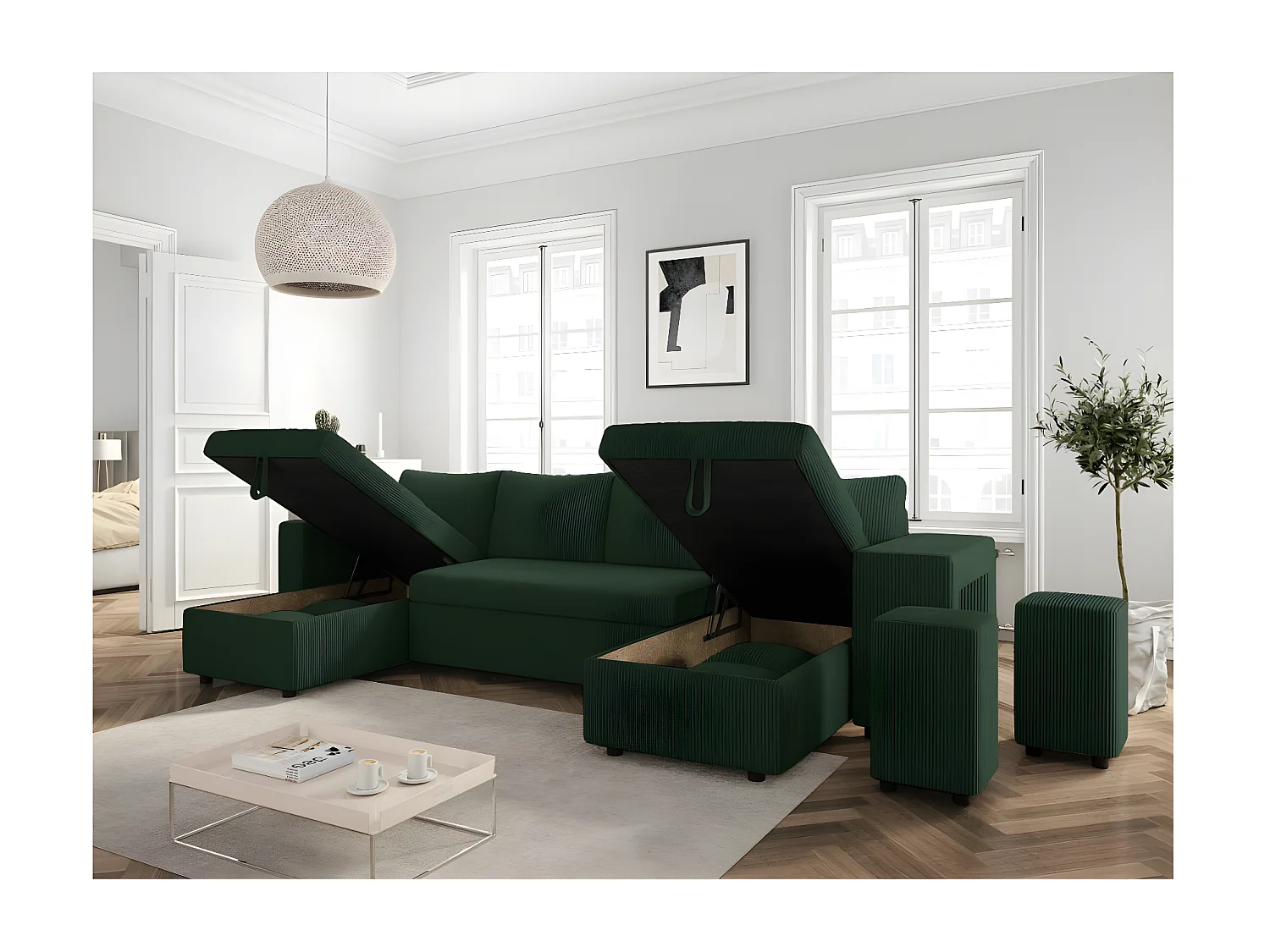 Canapé panoramique Oslo convertible avec 2 coffres, 2 poufs à droite en velours côtelé vert foncé - L311 x P146 x H81cm - Loungitude