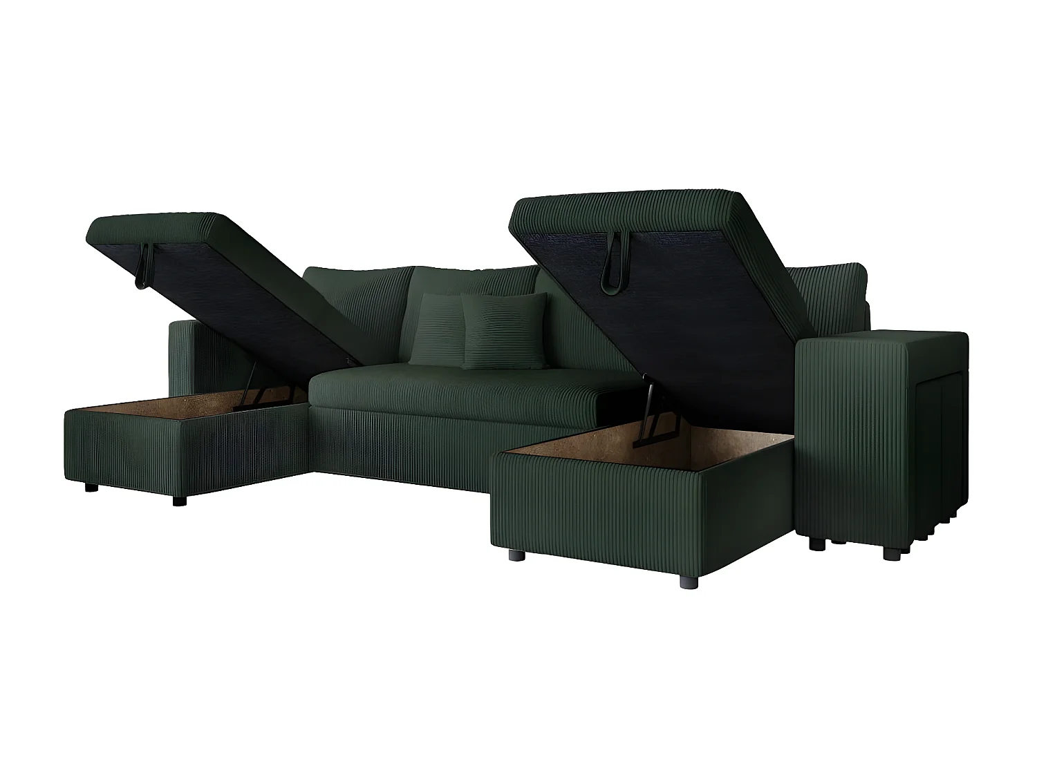 Canapé panoramique Oslo convertible avec 2 coffres, 2 poufs à droite en velours côtelé vert foncé - L311 x P146 x H81cm - Loungitude