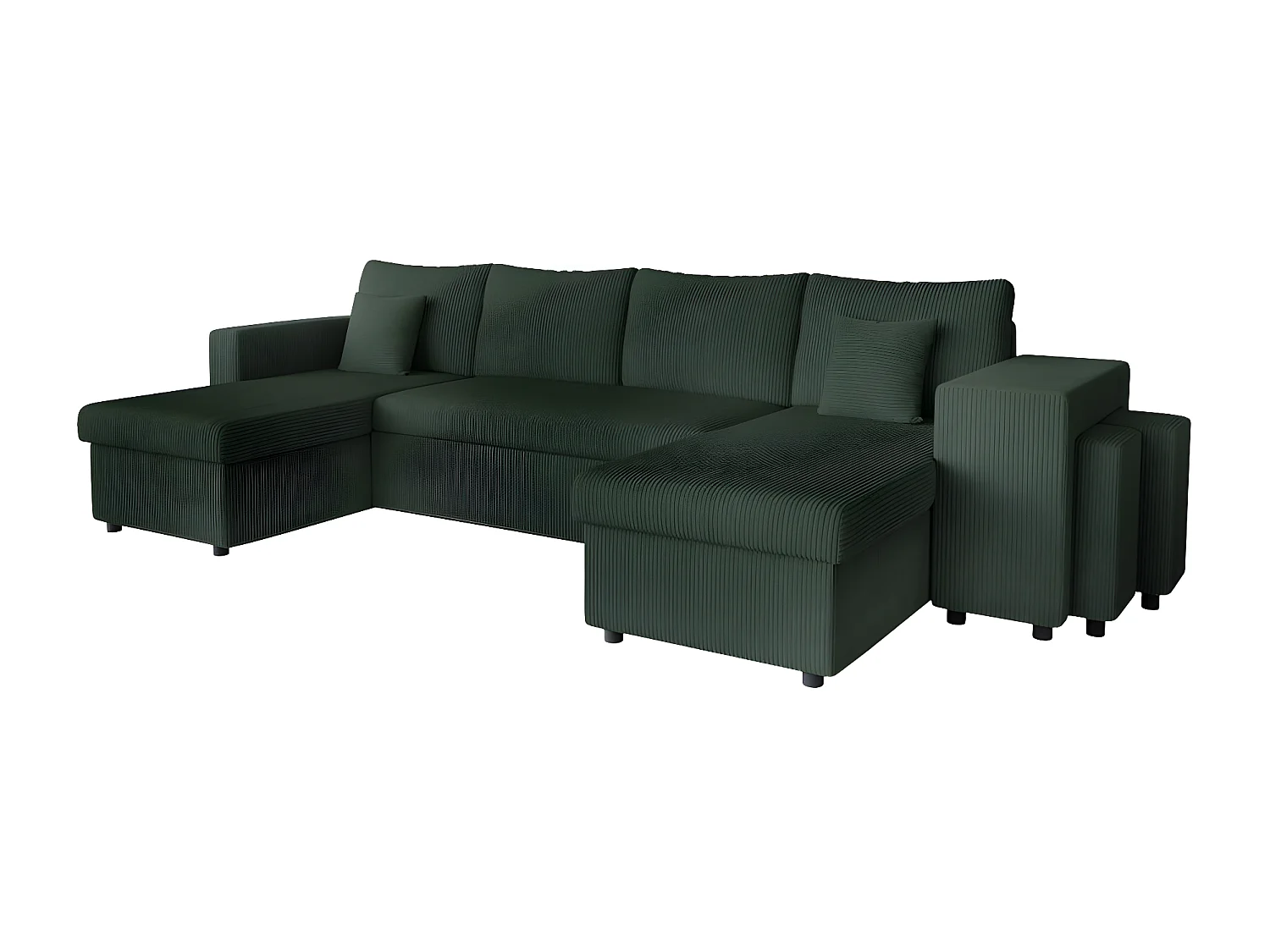 Canapé panoramique Oslo convertible avec 2 coffres, 2 poufs à droite en velours côtelé vert foncé - L311 x P146 x H81cm - Loungitude