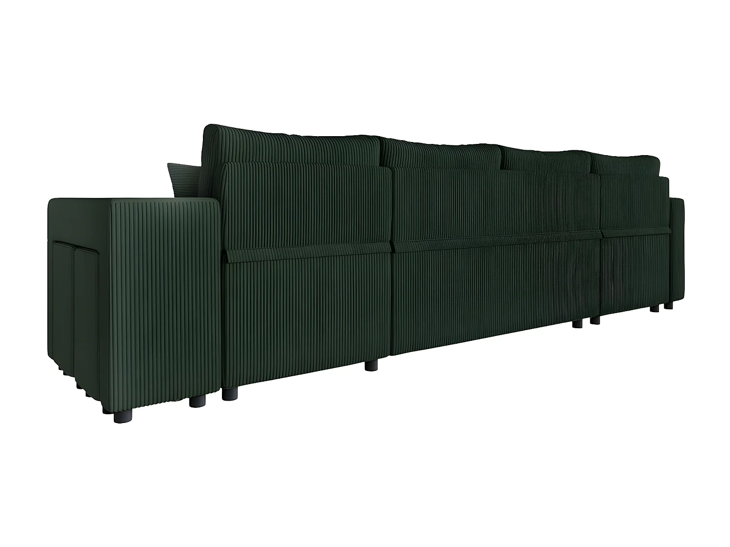 Canapé panoramique Oslo convertible avec 2 coffres, 2 poufs à droite en velours côtelé vert foncé - L311 x P146 x H81cm - Loungitude