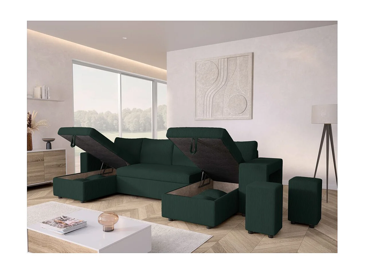 Canapé panoramique Oslo convertible avec 2 coffres, 2 poufs à droite en velours côtelé vert foncé - L311 x P146 x H81cm - Loungitude
