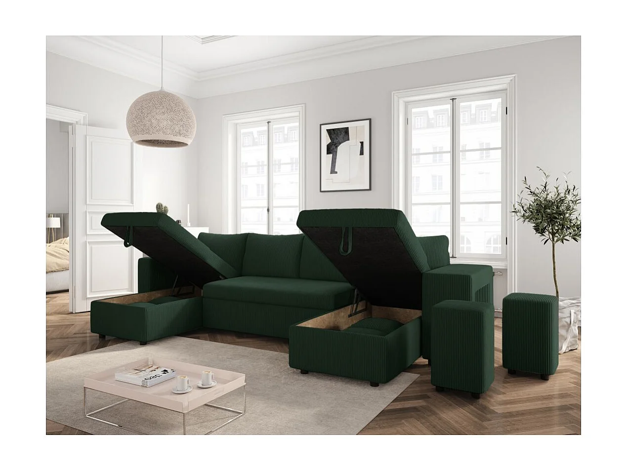 Canapé panoramique Oslo convertible avec 2 coffres, 2 poufs à droite en velours côtelé vert foncé - L311 x P146 x H81cm - Loungitude