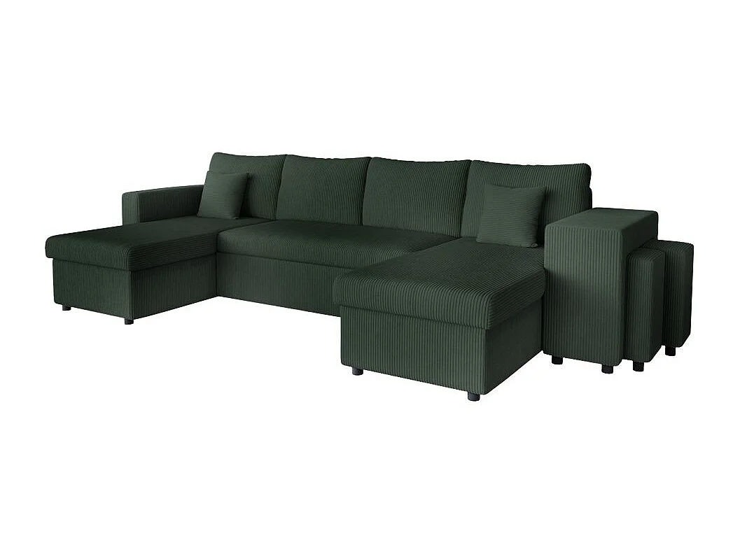 Canapé panoramique Oslo convertible avec 2 coffres, 2 poufs à droite en velours côtelé vert foncé - L311 x P146 x H81cm - Loungitude