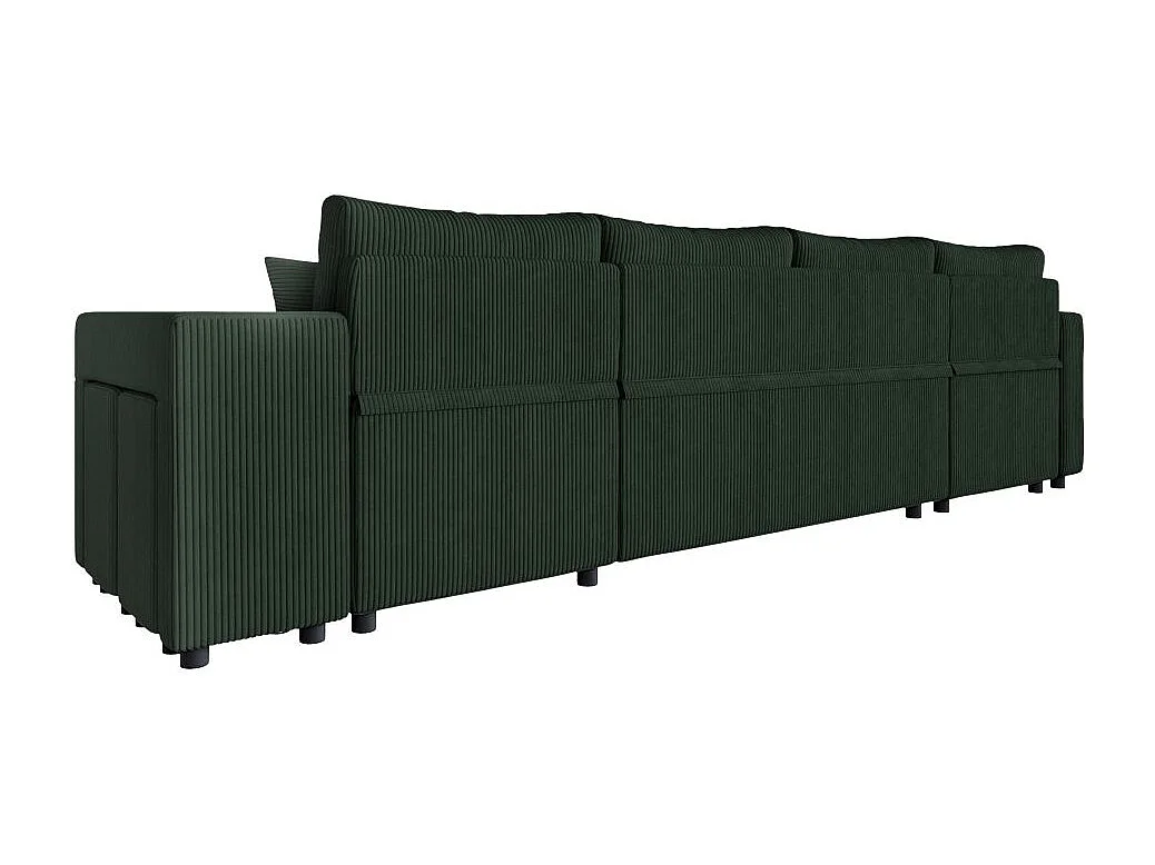 Canapé panoramique Oslo convertible avec 2 coffres, 2 poufs à droite en velours côtelé vert foncé - L311 x P146 x H81cm - Loungitude