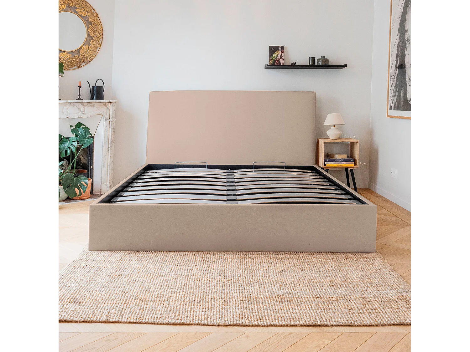 Lit coffre et tissu chiné beige 180x200 cm