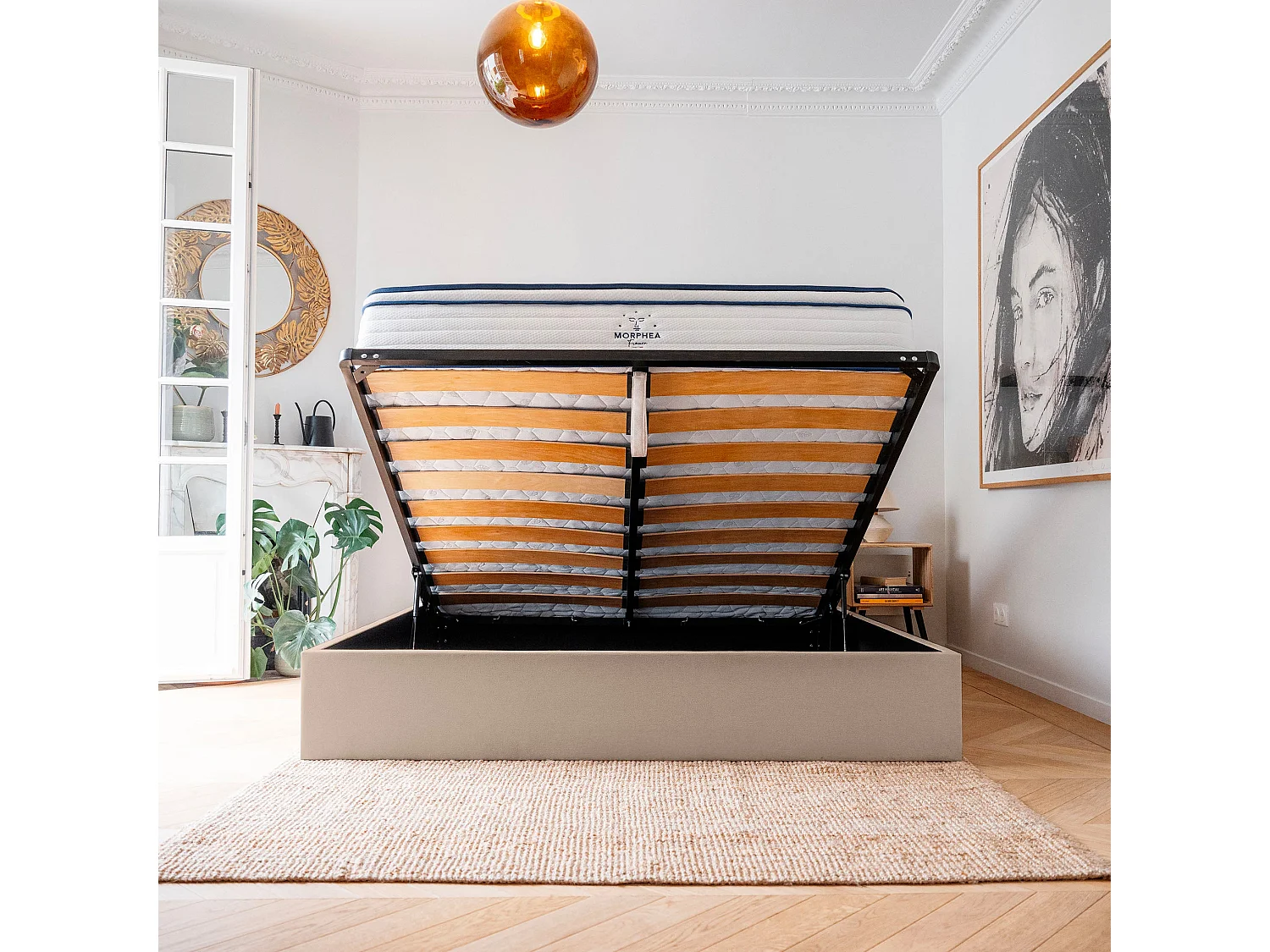 Lit coffre avec tête en tissu chiné beige 180x200 cm