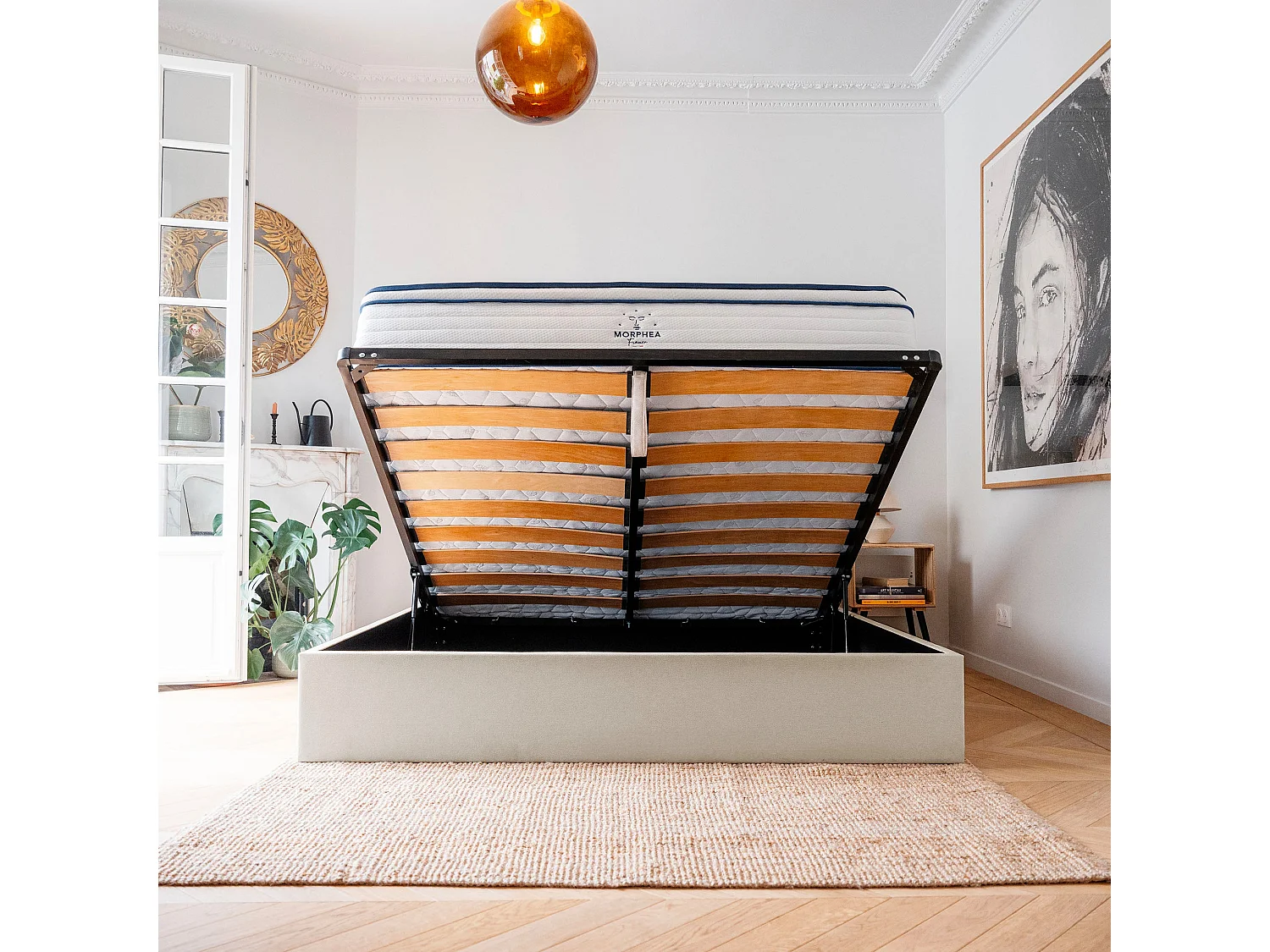 Lit coffre avec tête en tissu chiné blanc 160x200 cm