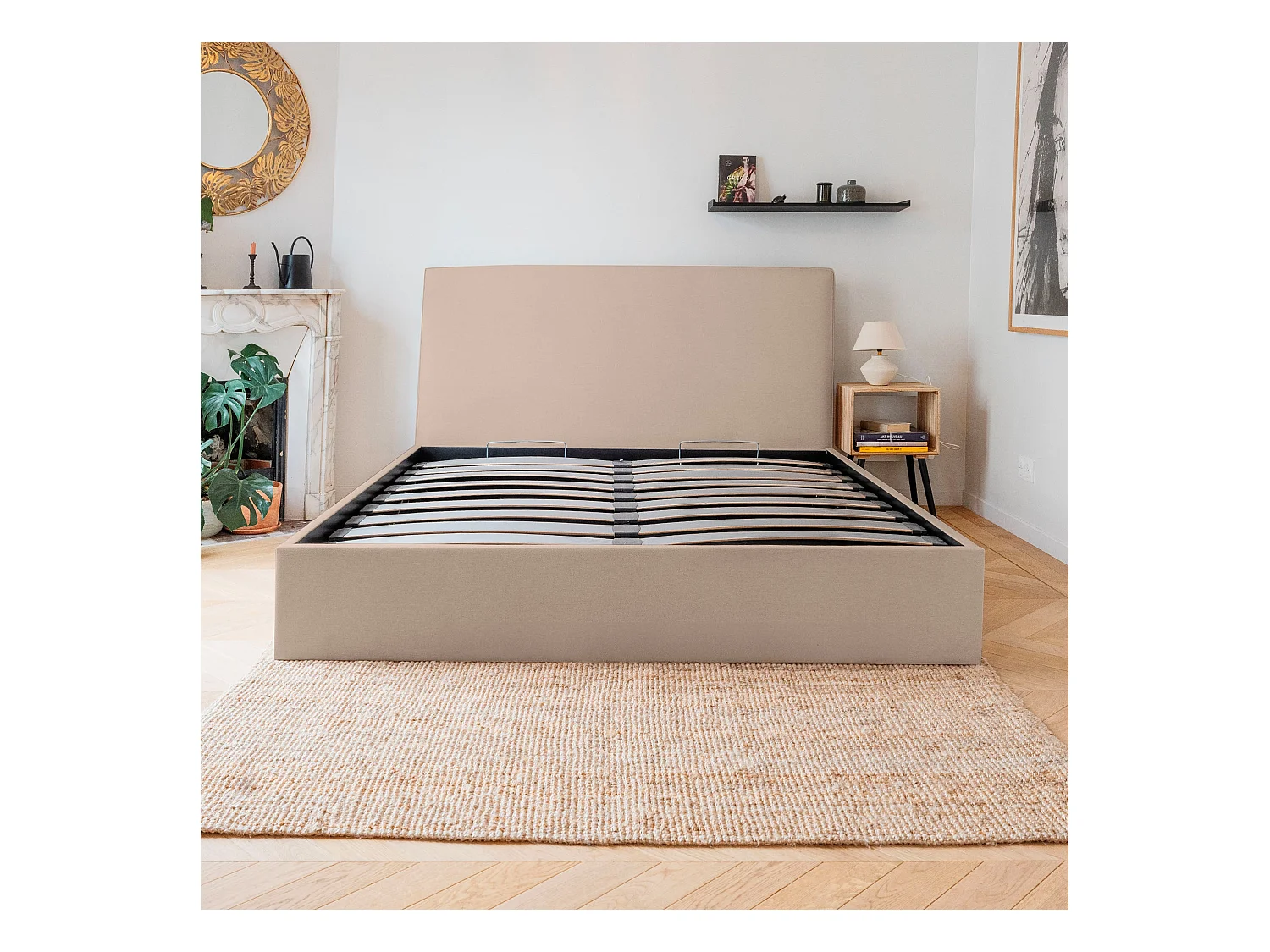 Lit coffre et tissu chiné beige 160x200 cm