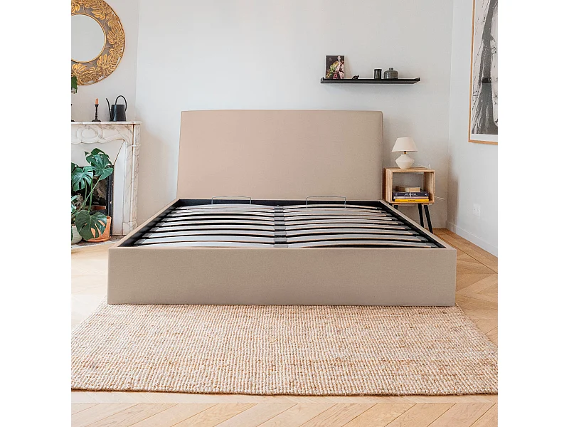 Lit coffre et tissu chiné beige 160x200 cm