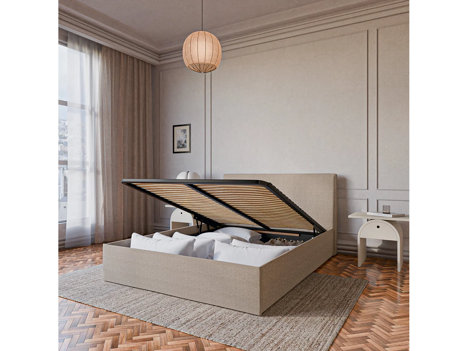 Lit coffre avec tête en tissu chiné beige 140x190 cm