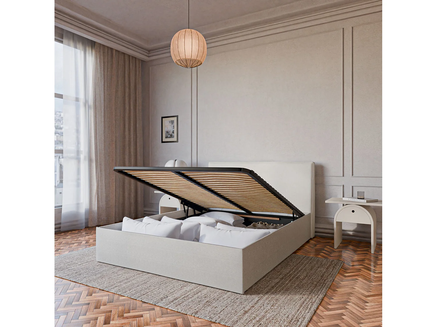 Lit coffre avec tête en tissu chiné blanc 140x190 cm