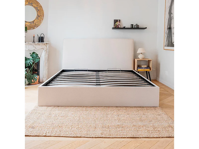 Lit coffre et tissu chiné blanc 140x190 cm