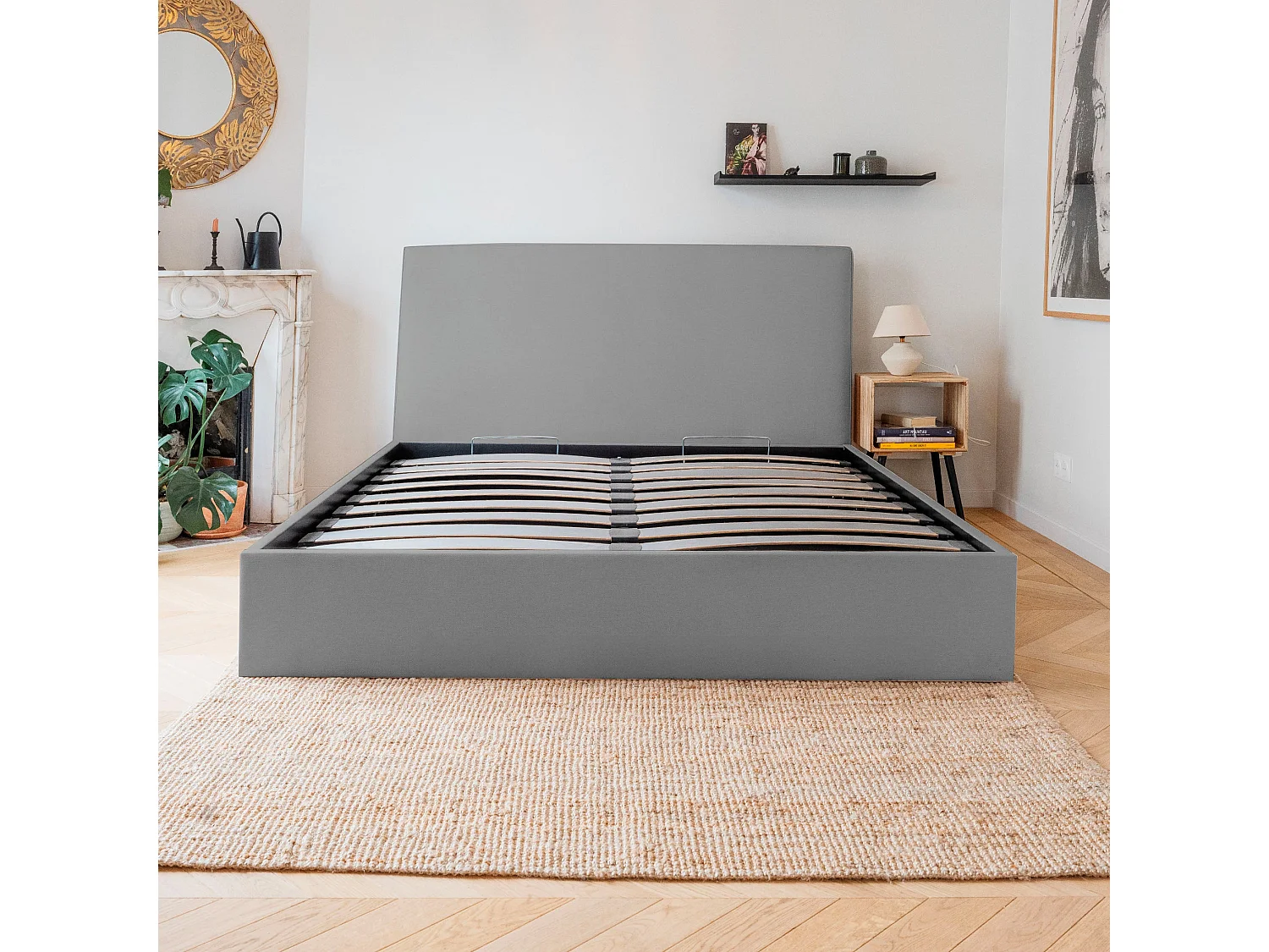 Lit coffre et tissu chiné anthracite 140x190 cm