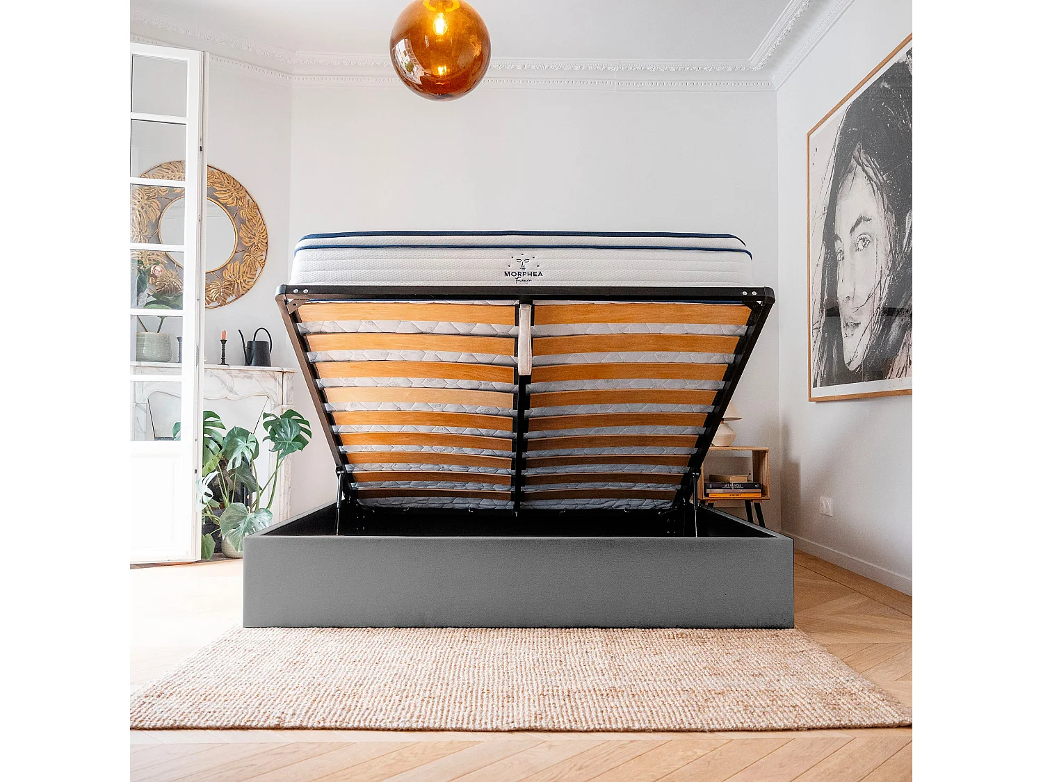 Lit coffre avec tête en tissu chiné anthracite 140x190 cm