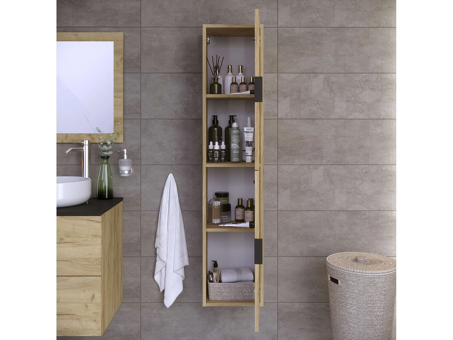 Colonne de salle de bain LYO 2 portes 140x30x27 cm chêne T-BATH