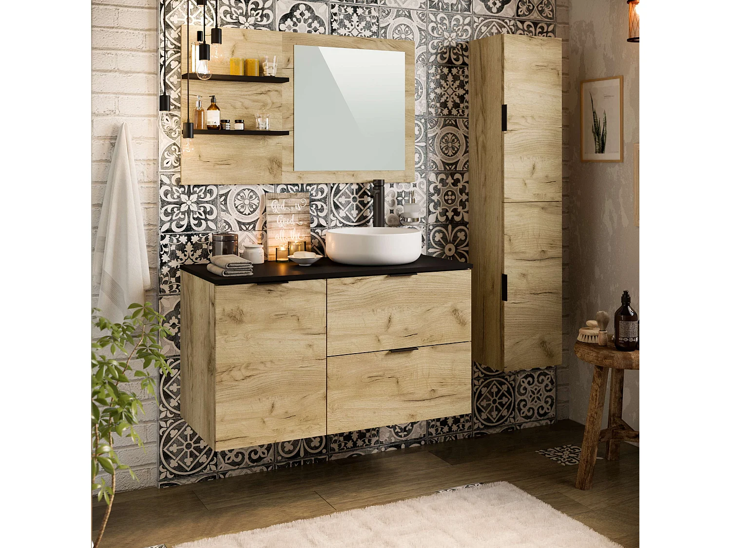 Colonne de salle de bain LYO 2 portes 140x30x27 cm chêne T-BATH