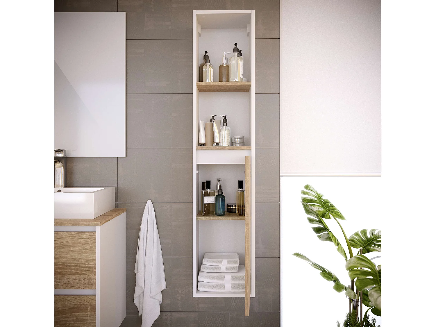 Colonne de salle de bain DORA 1 porte 140x30x25 cm chêne et blanc T-BATH