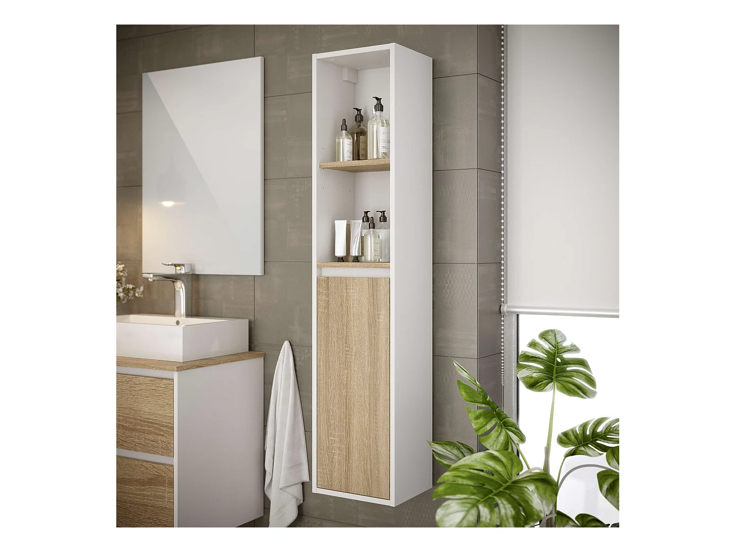 Colonne de salle de bain DORA 1 porte 140x30x25 cm chêne et blanc T-BATH