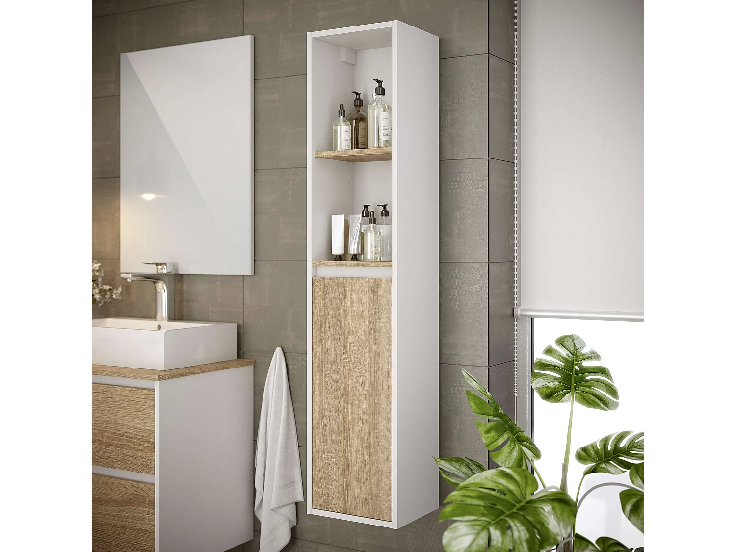Colonne de salle de bain DORA 1 porte 140x30x25 cm chêne et blanc T-BATH