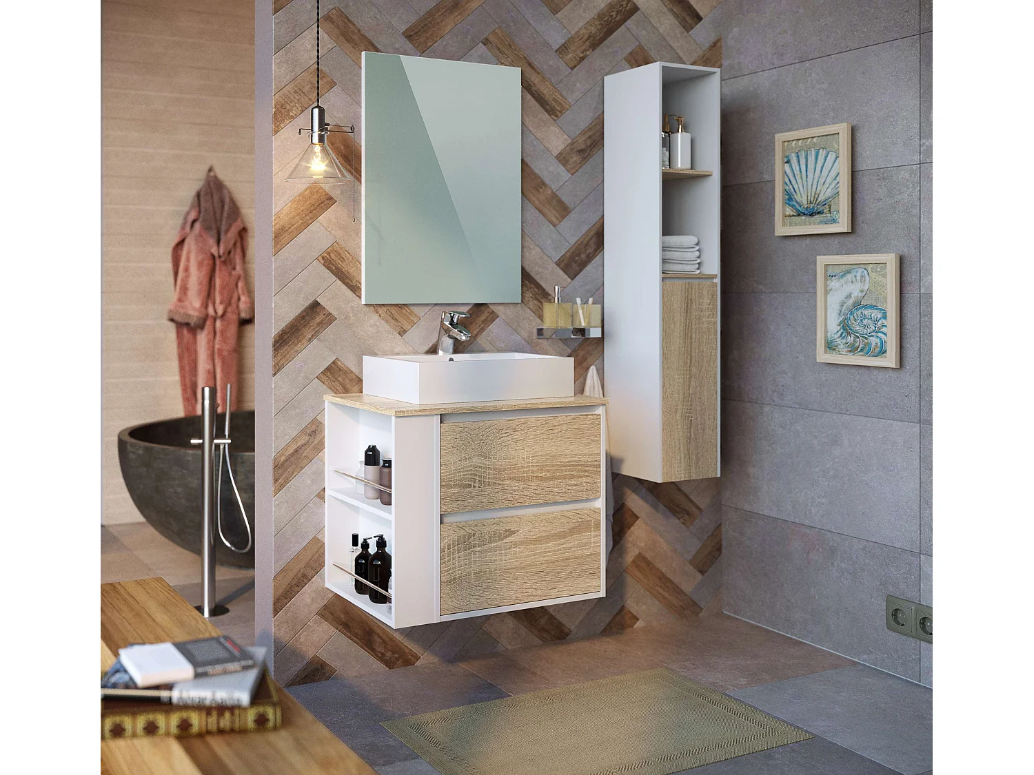 Colonne de salle de bain DORA 1 porte 140x30x25 cm chêne et blanc T-BATH