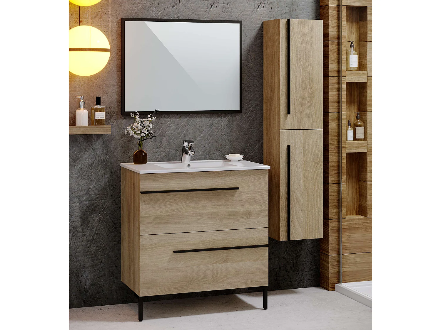 Colonne de salle de bain ANGI 2 portes 140x30x27 cm chêne T-BATH