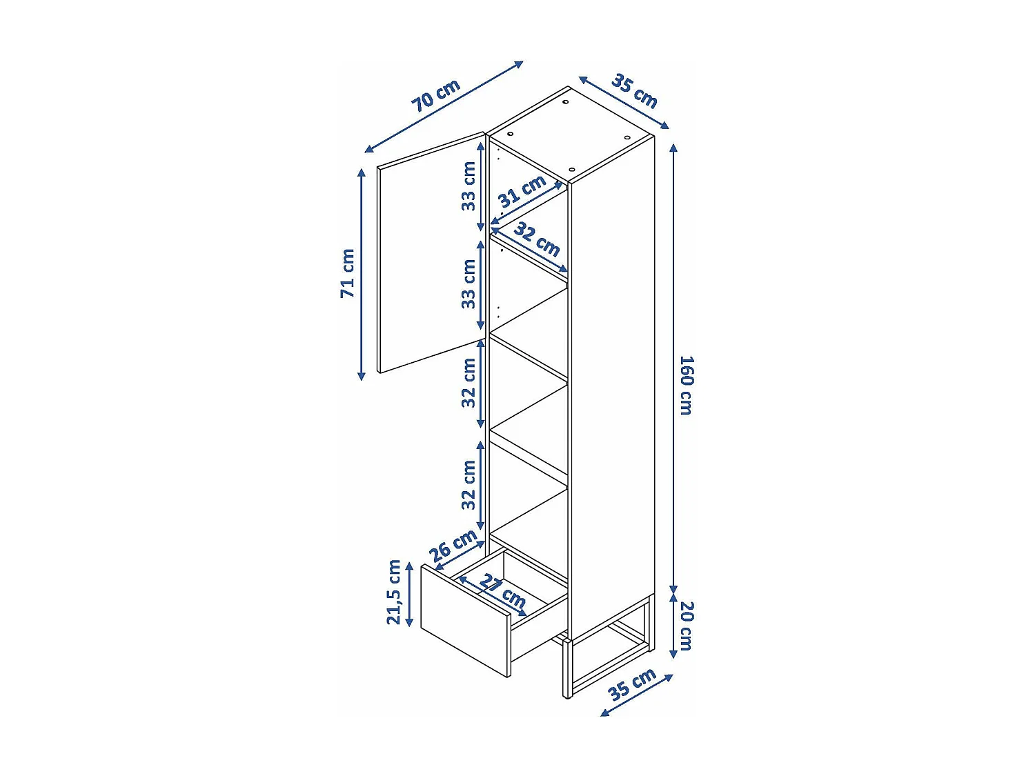 Colonne de salle de bain SPA 1 porte 1 tiroir 180x35x35 cm blanc T-BATH