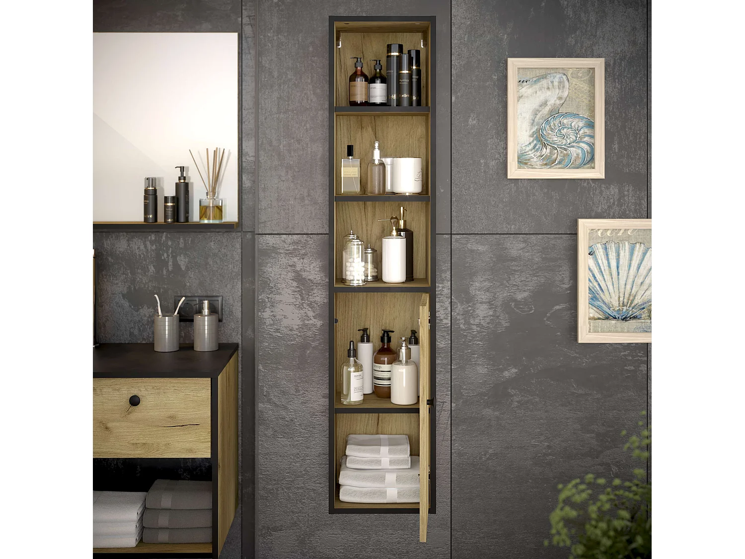 Colonne de salle de bain LARA 1 porte 140x30x25 cm noir et chêne T-BATH