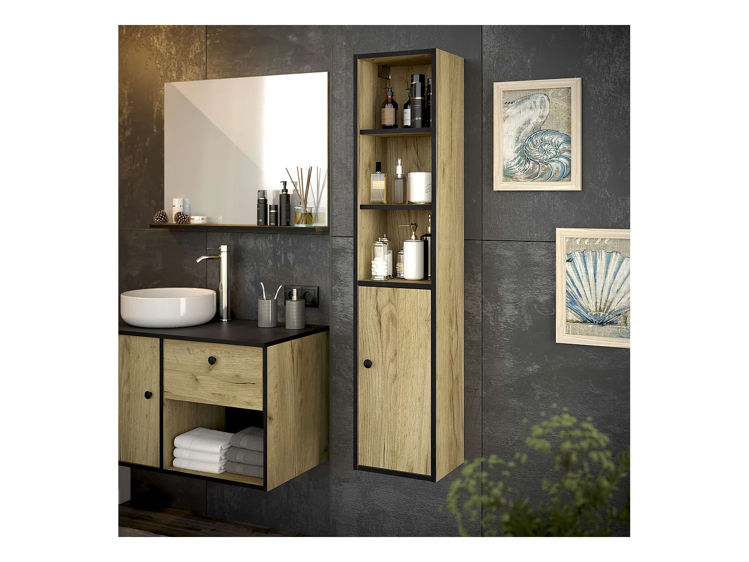 Colonne de salle de bain LARA 1 porte 140x30x25 cm noir et chêne T-BATH