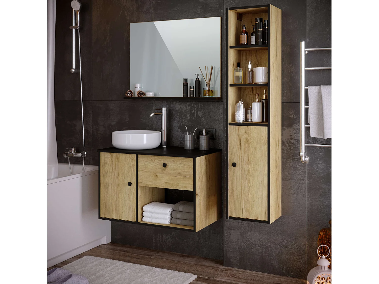 Colonne de salle de bain LARA 1 porte 140x30x25 cm noir et chêne T-BATH