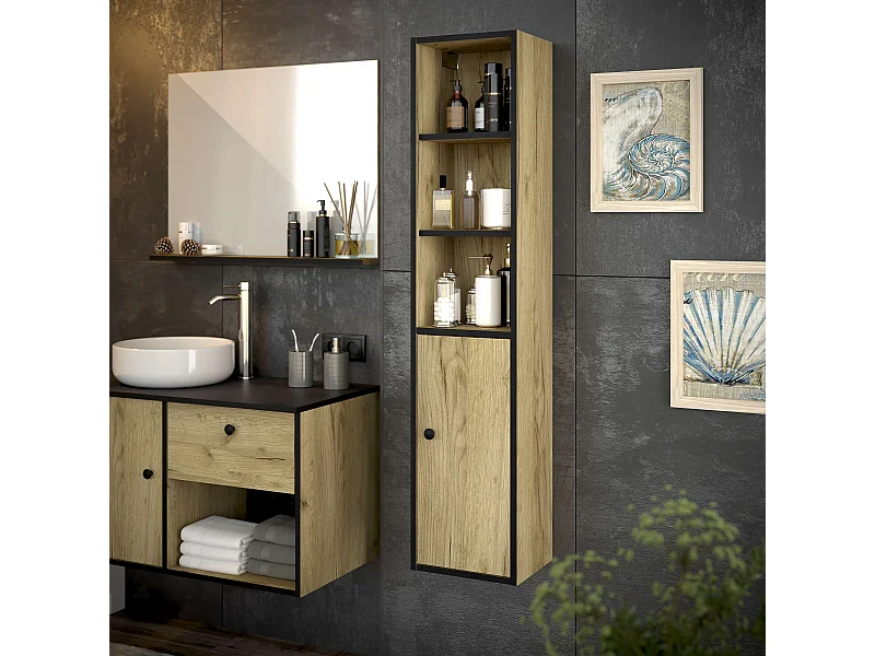 Colonne de salle de bain LARA 1 porte 140x30x25 cm noir et chêne T-BATH