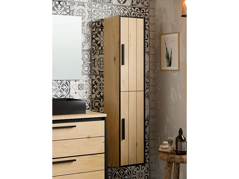 Colonne de salle de bain ANAIS 2 portes 140x30x25 cm chêne et noir T-BATH