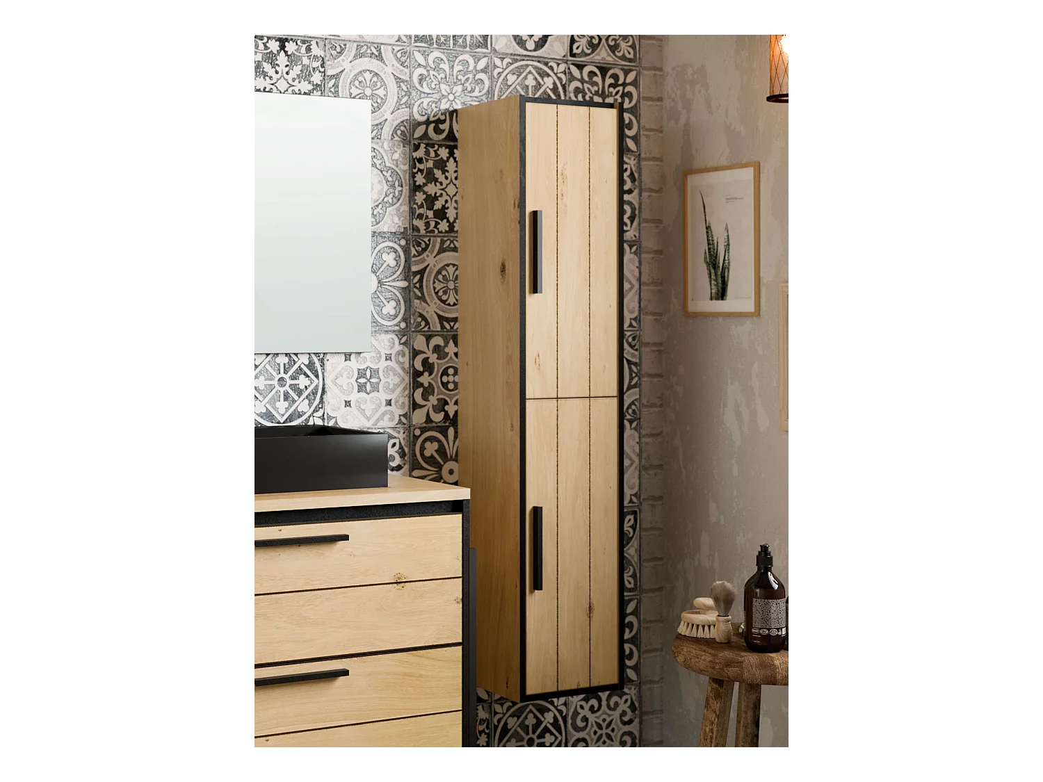 Colonne de salle de bain ANAIS 2 portes 140x30x25 cm chêne et noir T-BATH