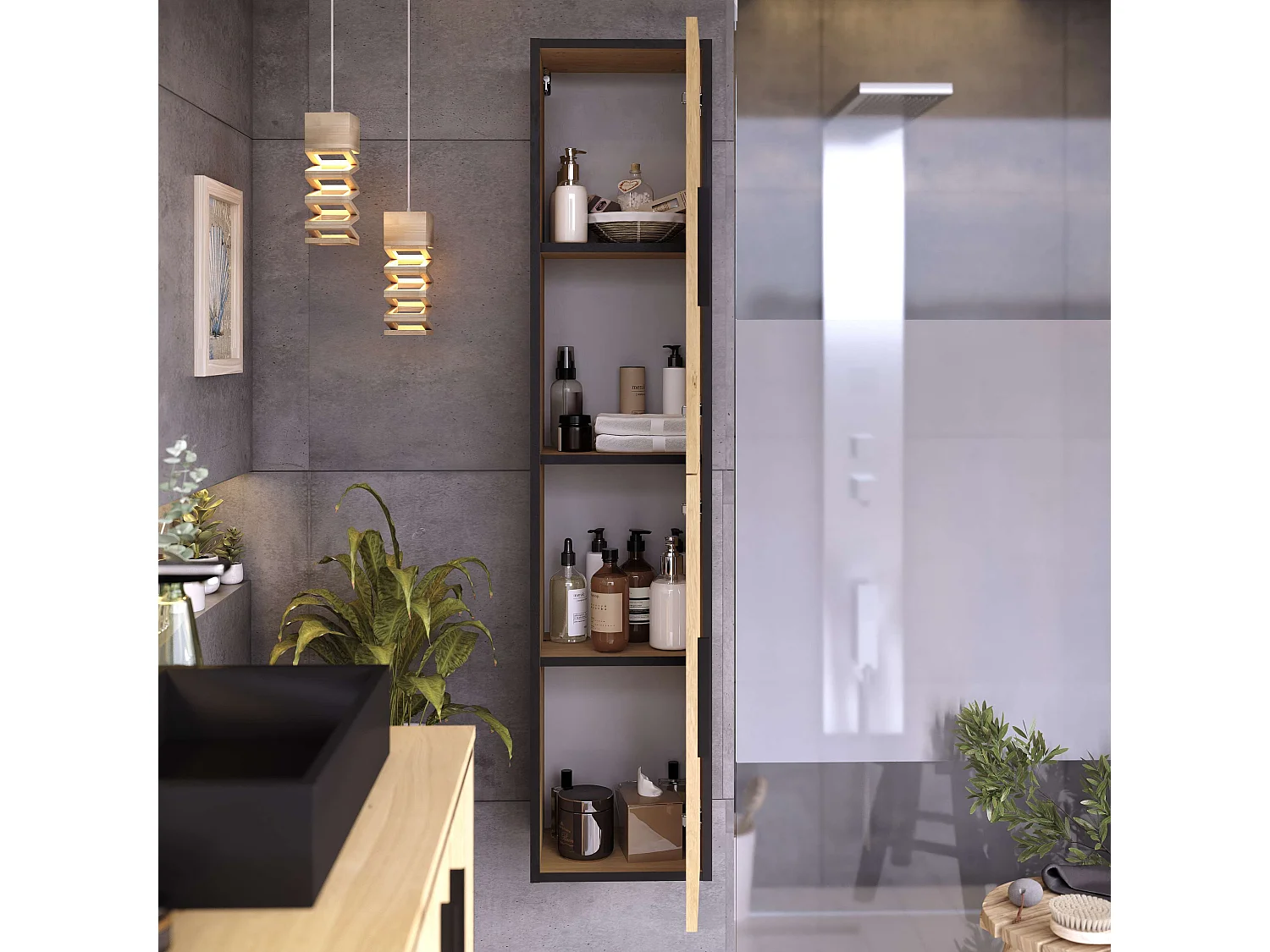 Colonne de salle de bain ANAIS 2 portes 140x30x25 cm chêne et noir T-BATH