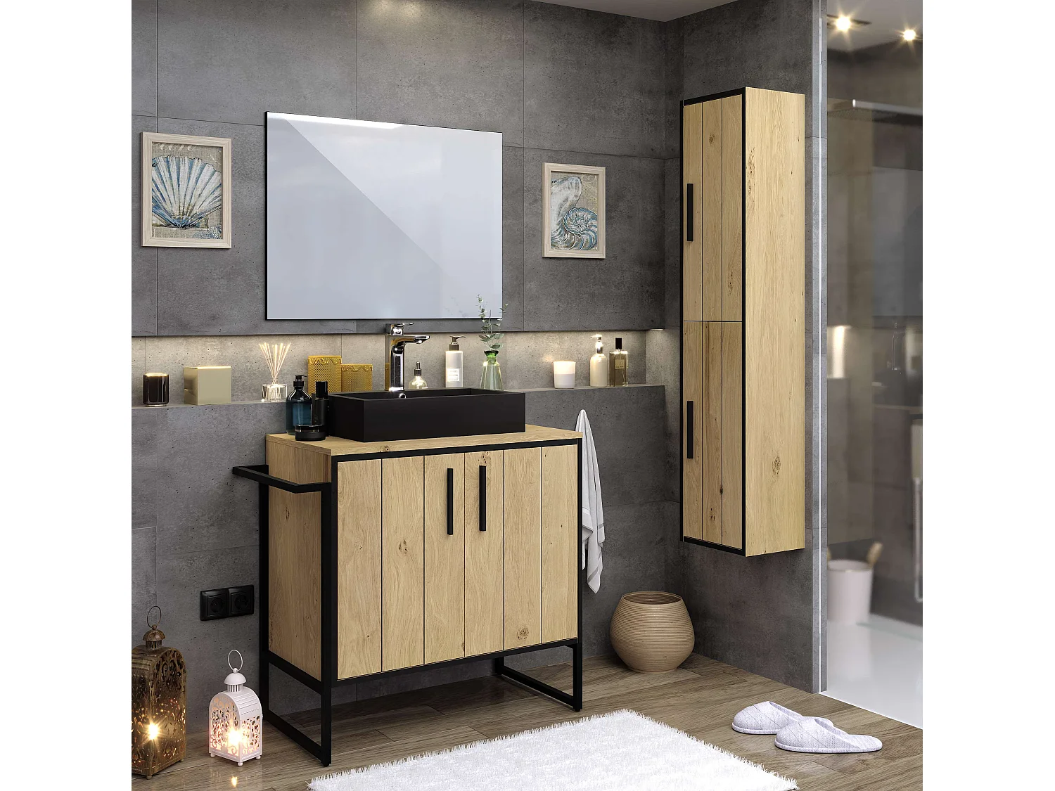 Colonne de salle de bain ANAIS 2 portes 140x30x25 cm chêne et noir T-BATH