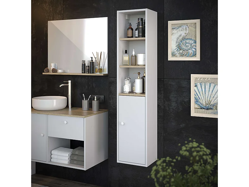 Colonne de salle de bain LARA 1 porte 140x30x25 cm blanc et chêne T-BATH