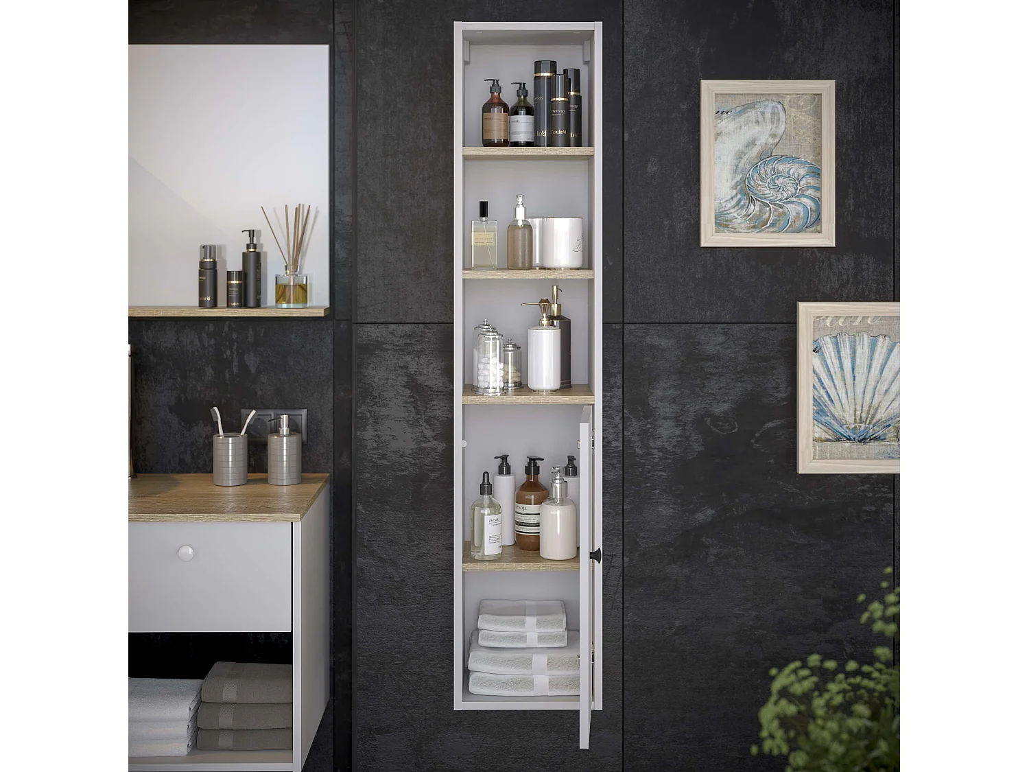 Colonne de salle de bain LARA 1 porte 140x30x25 cm blanc et chêne T-BATH