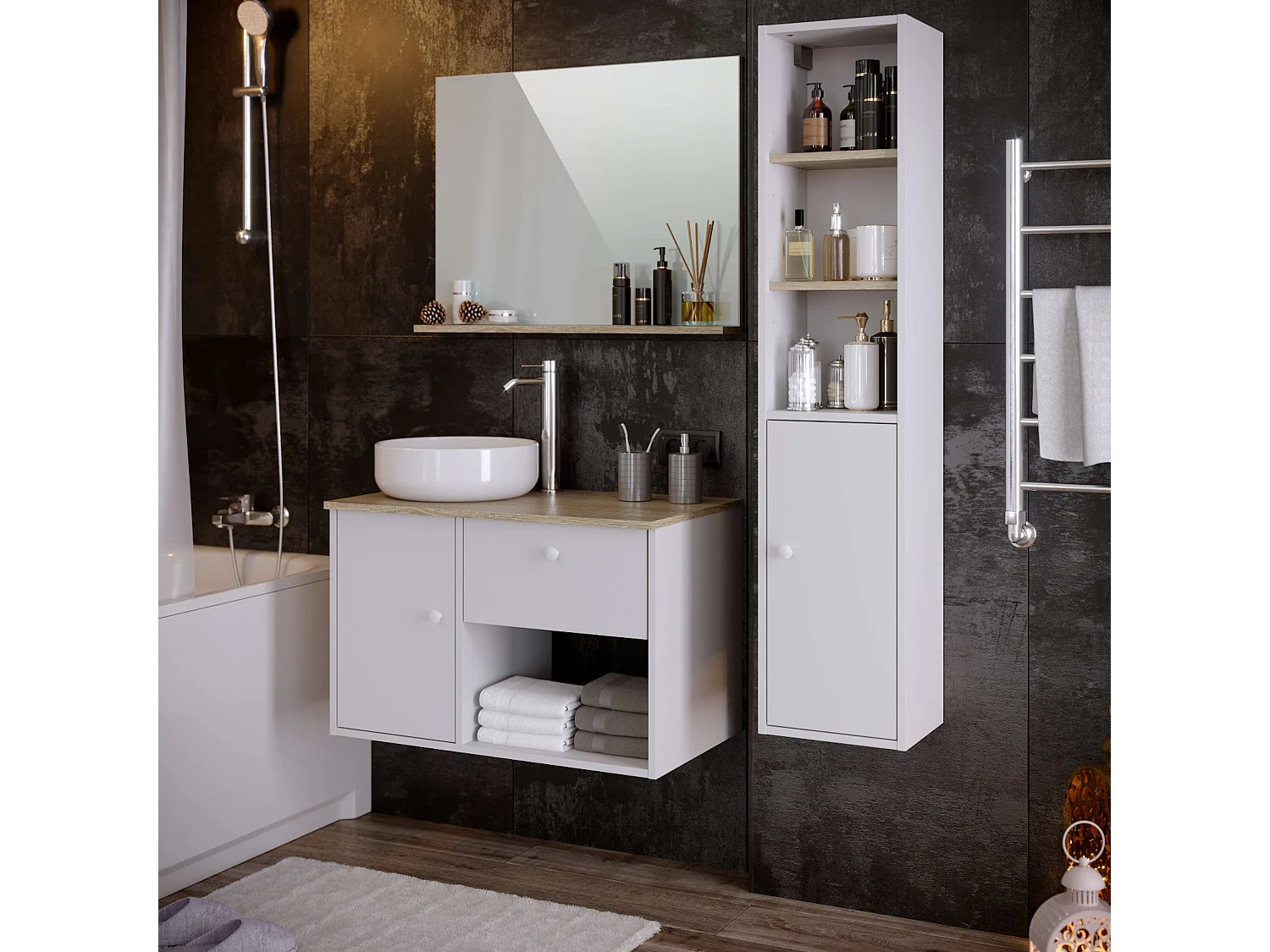 Colonne de salle de bain LARA 1 porte 140x30x25 cm blanc et chêne T-BATH