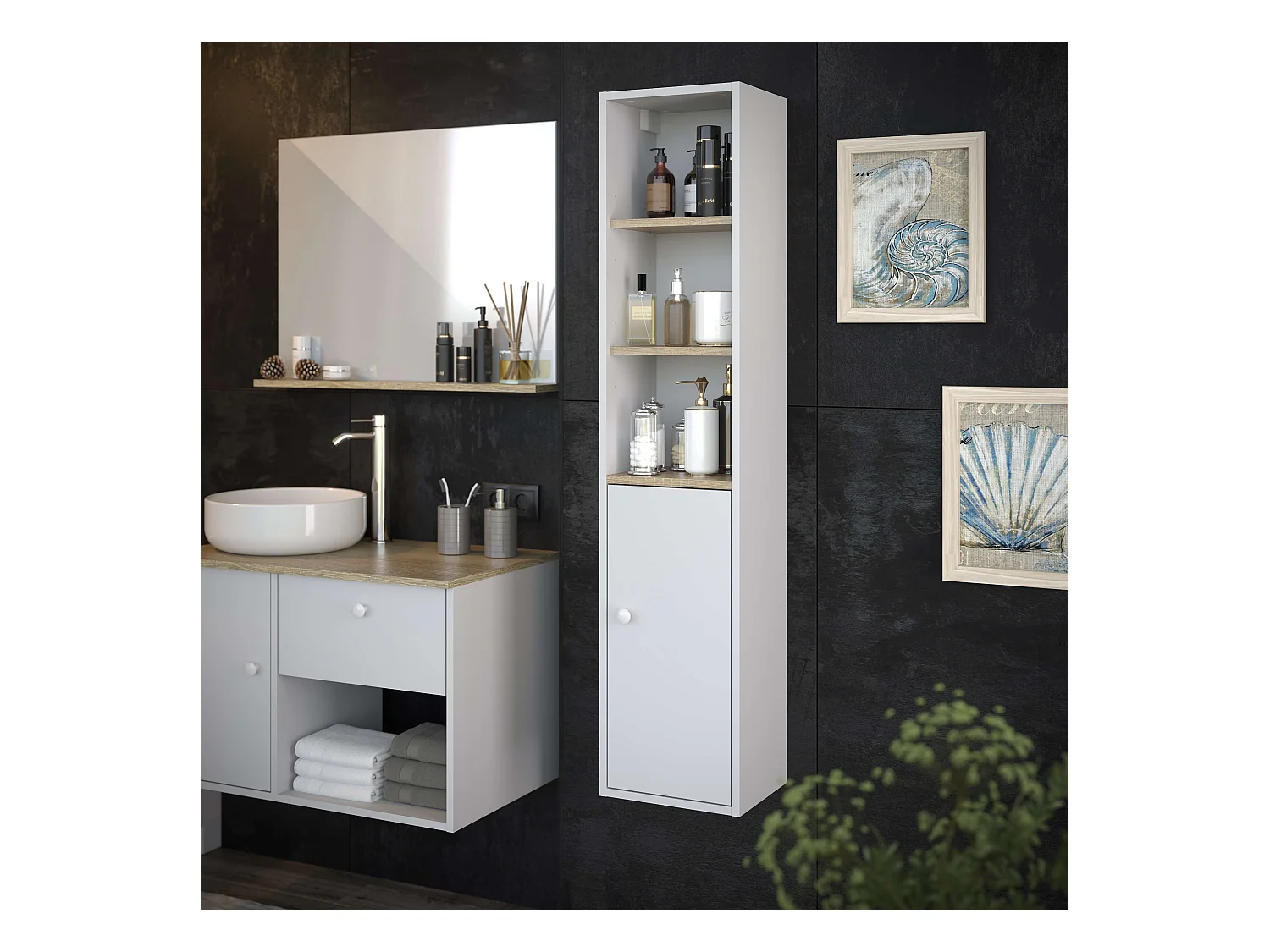 Colonne de salle de bain LARA 1 porte 140x30x25 cm blanc et chêne T-BATH