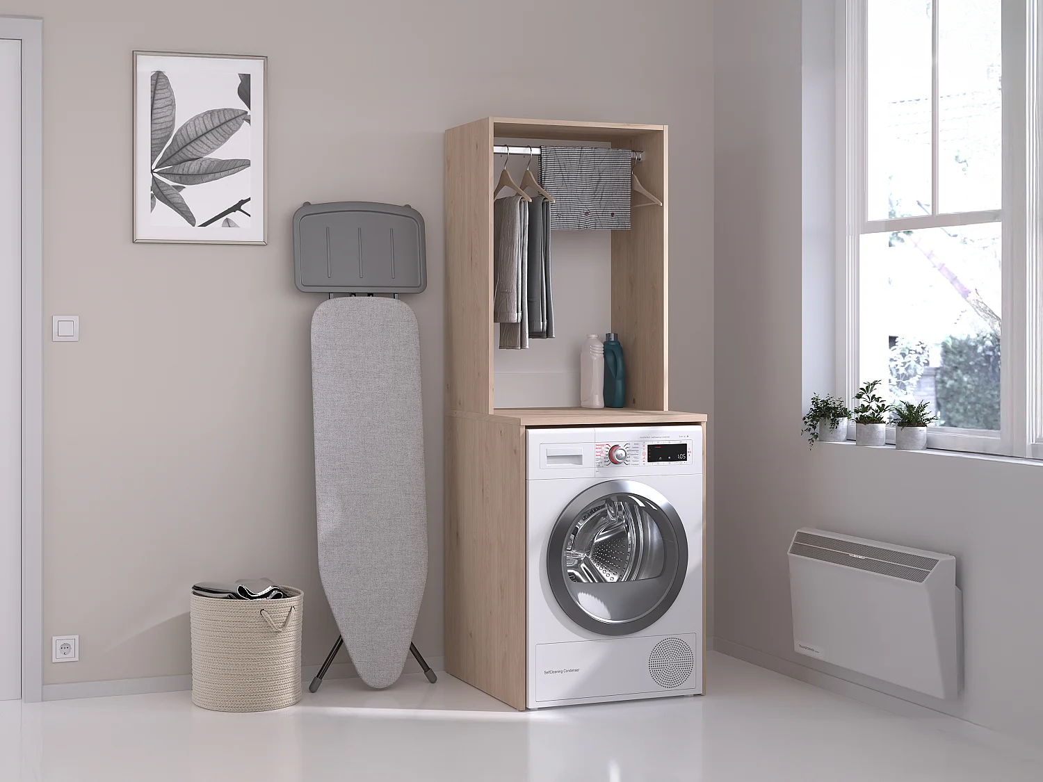 Meuble pour machine à laver avec penderie - Naturel clair - L65 x H184 cm - ERKANO